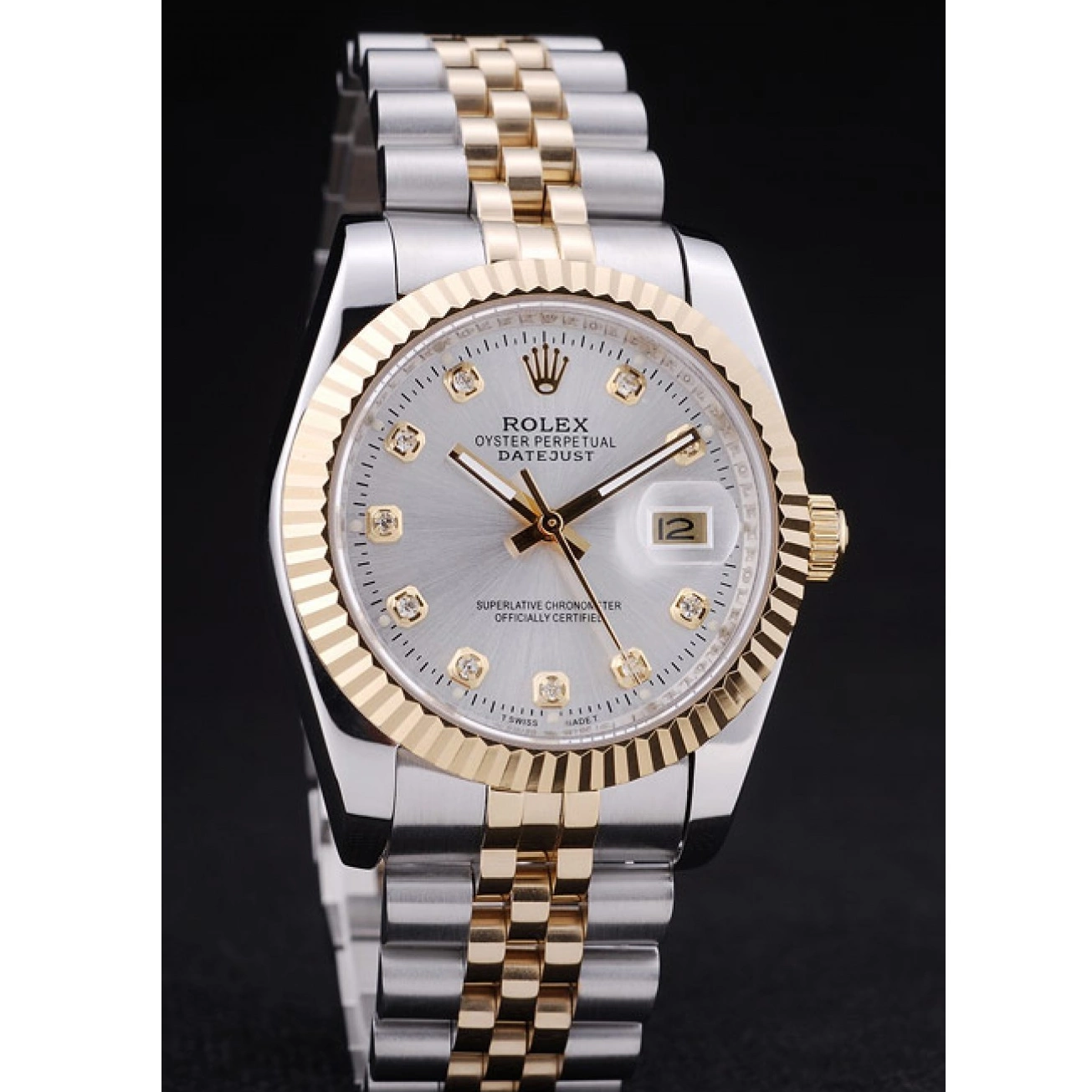 Aaa fake watches Ribbed Bezel Diamonds Datejust Silver 7454 Rolex Dial 0815